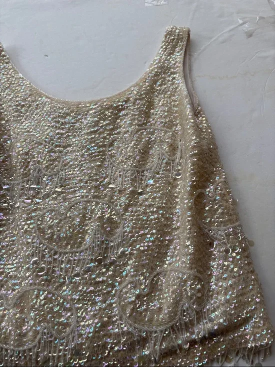 Vintage 60’s Beaded Sequins Cream Pastel Large Wool Embellished Bridal 50’ Large - Picture 7 of 17